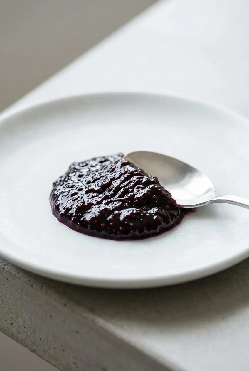 A dollop of deep purple blackberry jam on a cold white plate showing wrinkles when pushed with a spoon.
