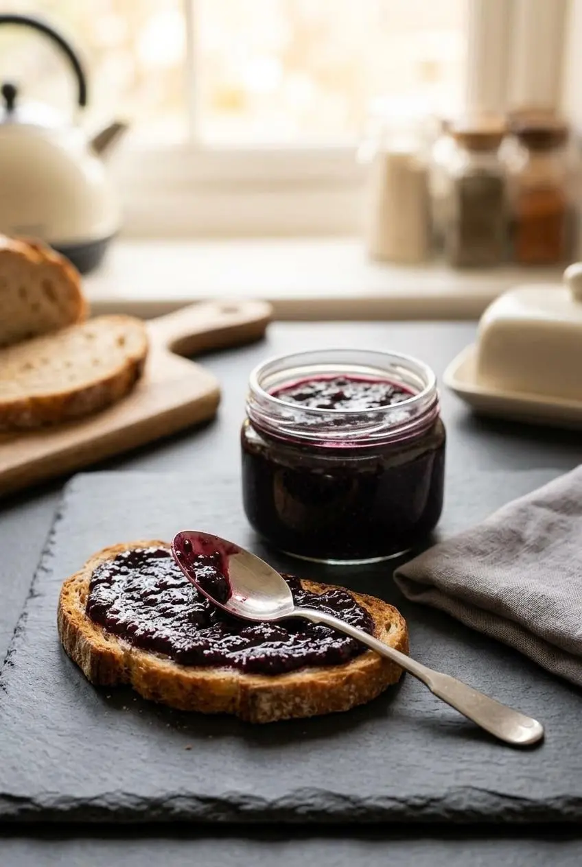 Thick blackberry jam spread over a rustic slice of toasted sourdough bread next to a small jar of jam.