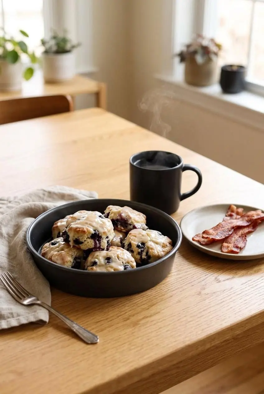 A dark baking pan filled with warm glazed biscuits on a table next to a cup of coffee and a side of crisp bacon.