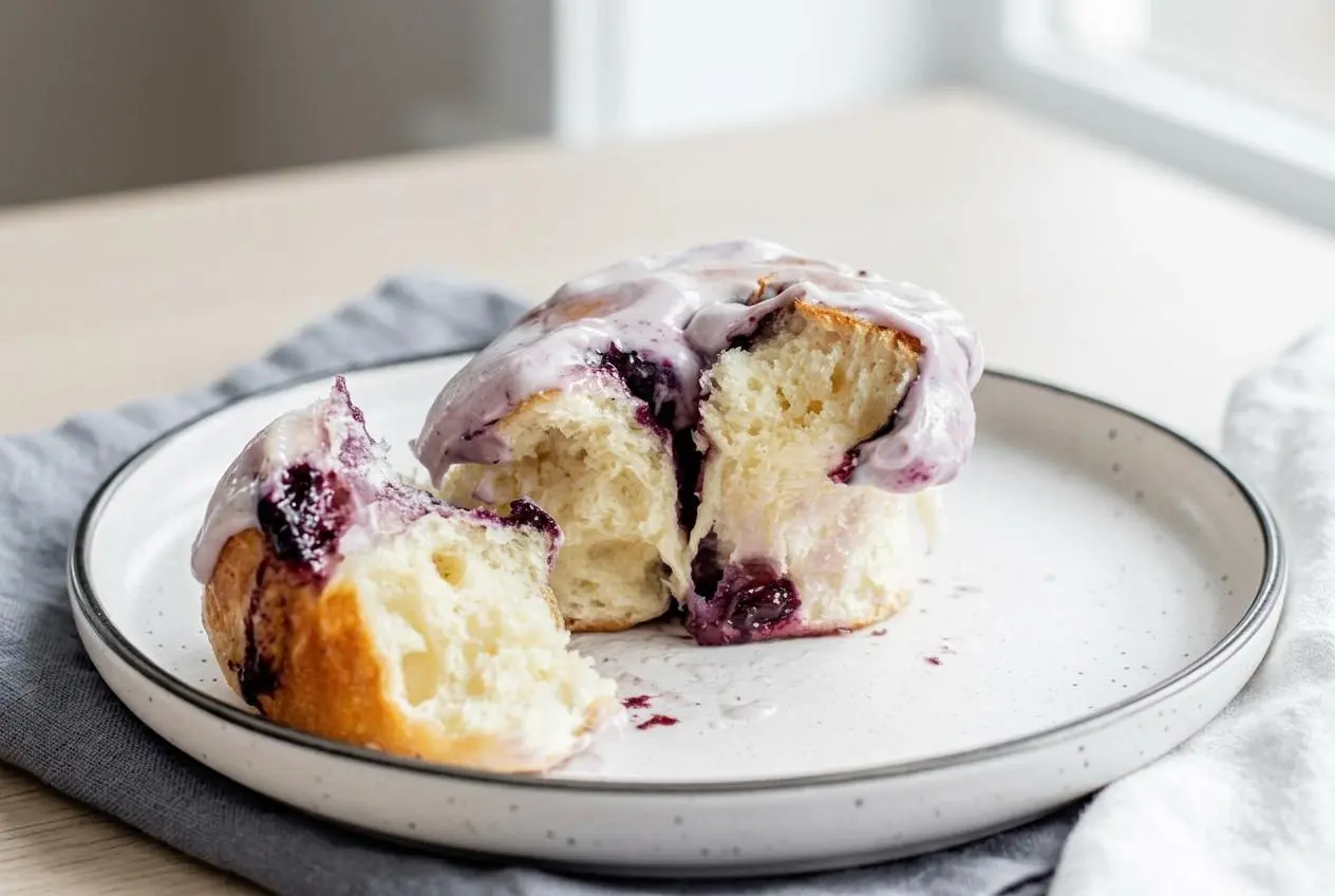 Baked blueberry cinnamon rolls topped with thick cream cheese frosting and rich purple berry swirls.