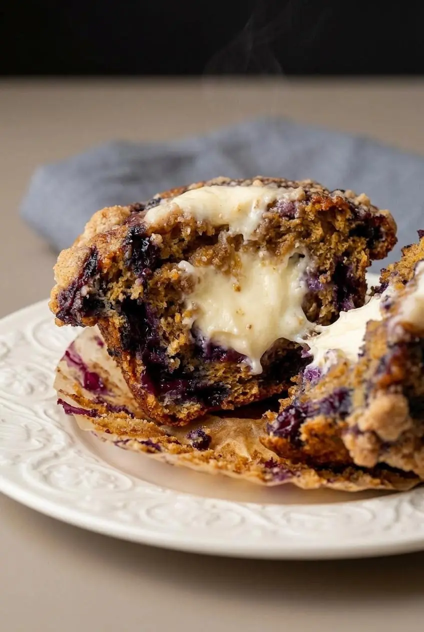 A blueberry cream cheese muffin torn open on a dark slate surface, showing the moist crumb and creamy center.