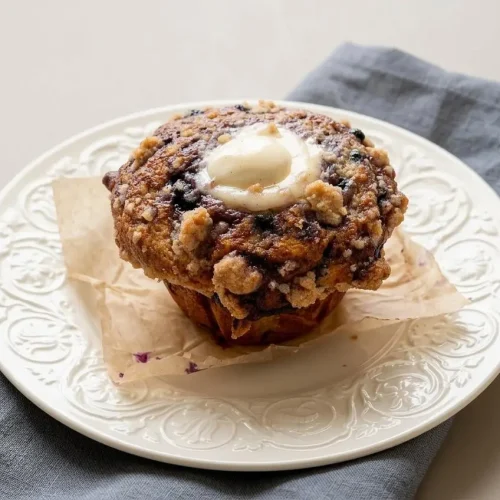 Golden-domed blueberry cream cheese muffin with a visible cream cheese swirl and crisp streusel topping.