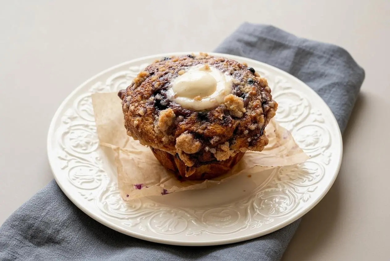 Golden-domed blueberry cream cheese muffin with a visible cream cheese swirl and crisp streusel topping.