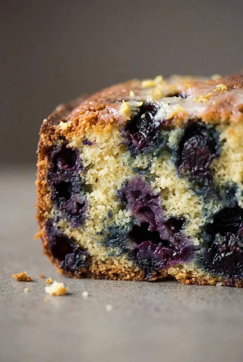 Close-up of a cut slice of blueberry lemon cake showing the moist, tender crumb and suspended purple berries.