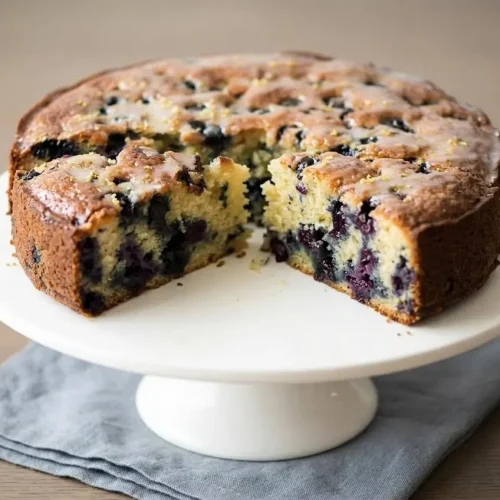 Round Blueberry Lemon Yoghurt Cake with a golden baked surface and juicy berries on a serving plate.