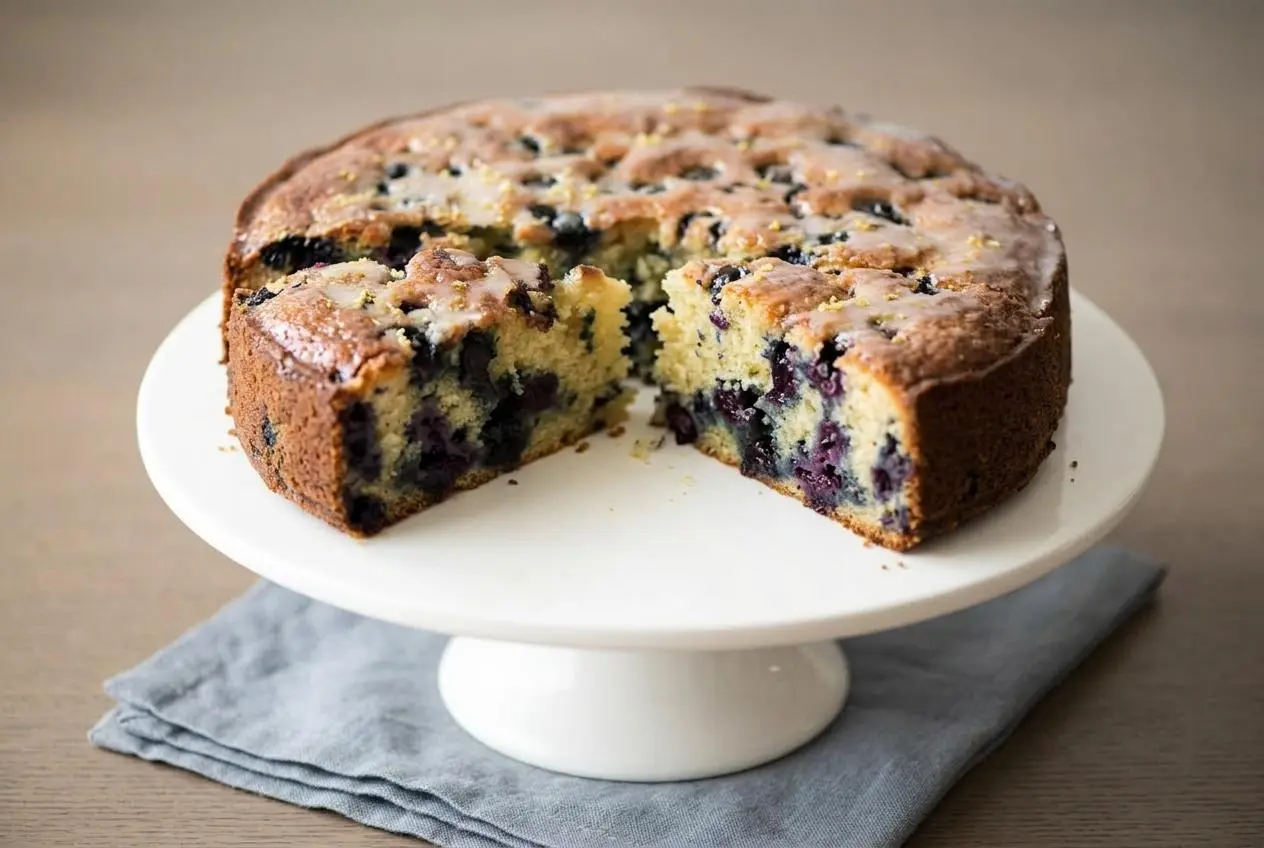 Round Blueberry Lemon Yoghurt Cake with a golden baked surface and juicy berries on a serving plate.