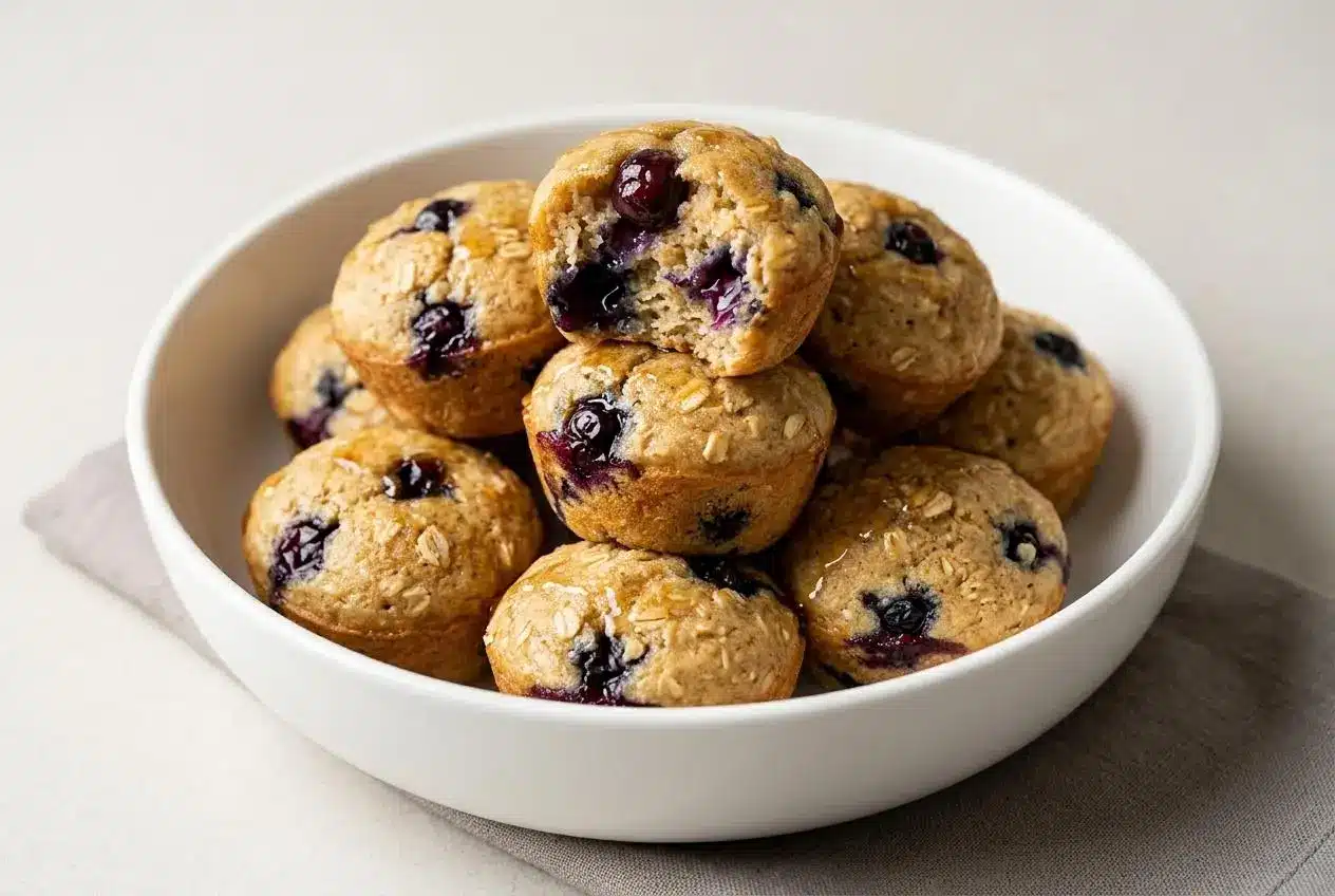Golden Pancake Poppers studded with fresh blueberries on a breakfast plate.