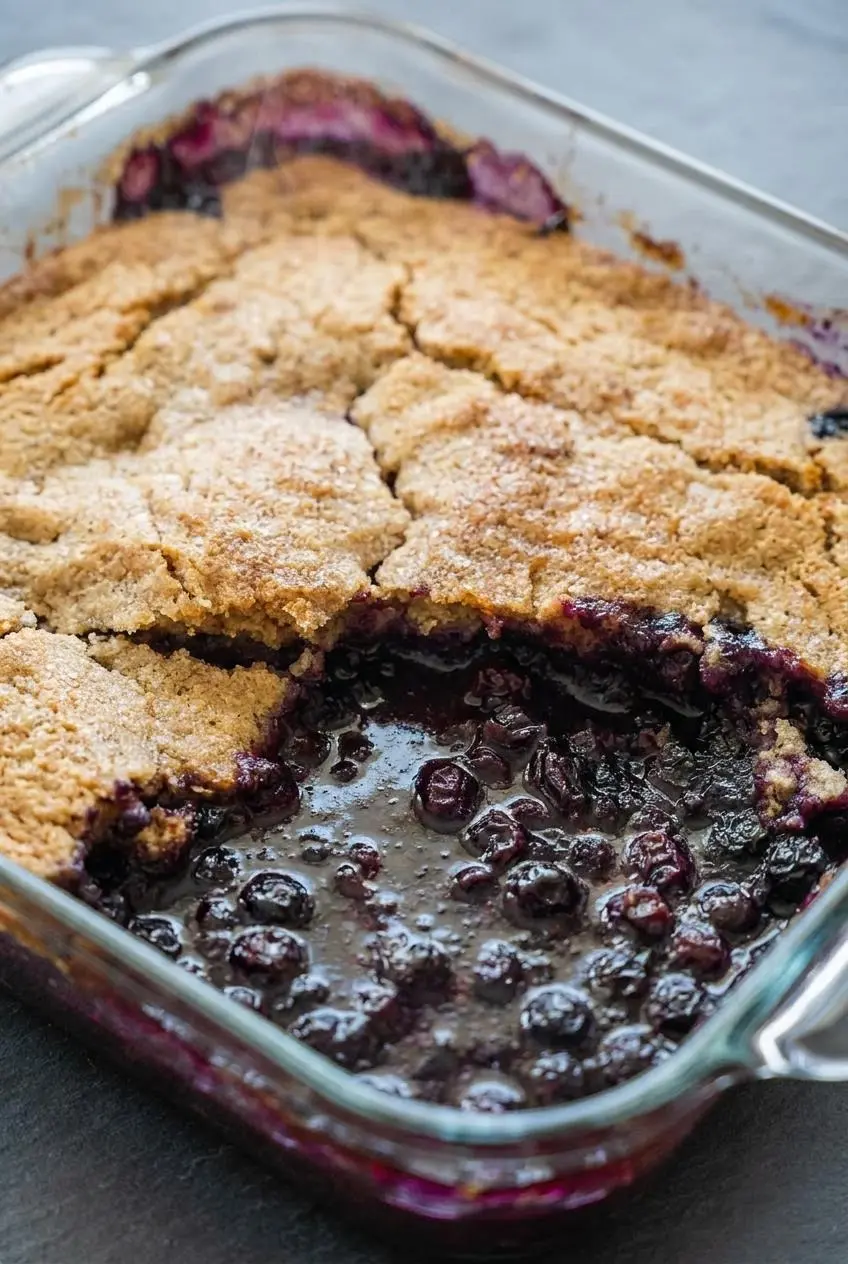 Macro close-up of tender golden cinnamon crust and thick bubbling blueberry filling in a baked sonker.