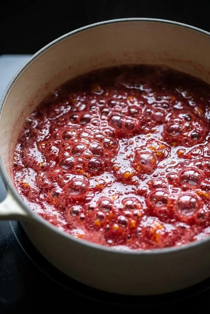 Ruby-pink rhubarb jam boiling actively in a cream-colored Dutch oven with flecks of orange zest and vanilla bean.