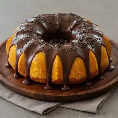 A whole Brazilian Carrot Cake with a glossy dark chocolate brigadeiro glaze and chocolate sprinkles.