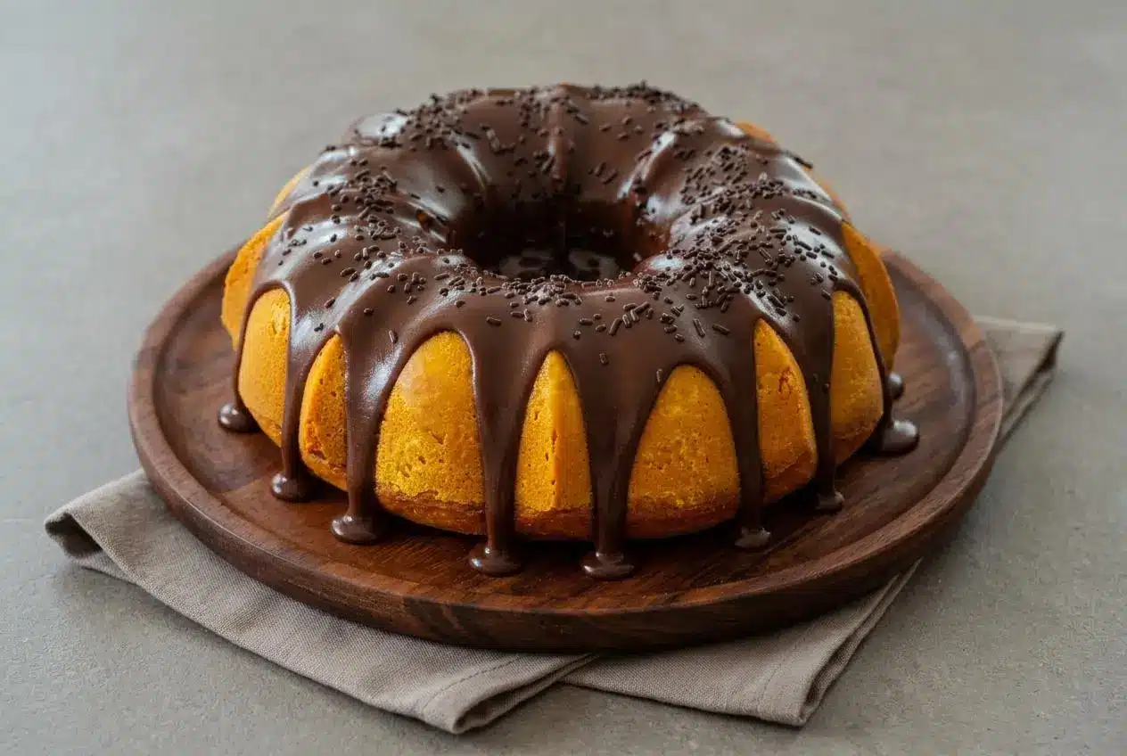 A whole Brazilian Carrot Cake with a glossy dark chocolate brigadeiro glaze and chocolate sprinkles.