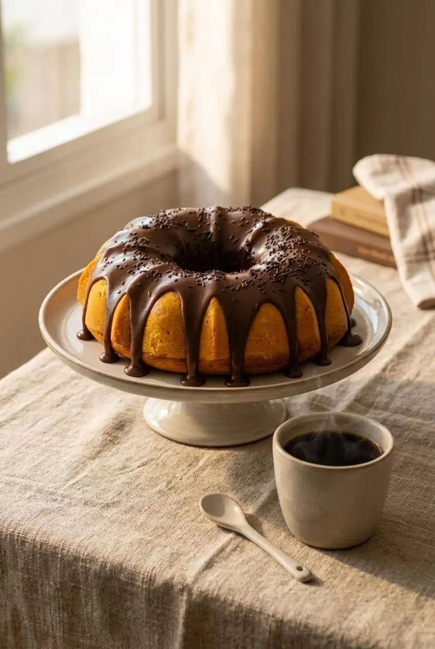 A whole glazed Brazilian carrot cake on a platter next to a steaming cup of black coffee.