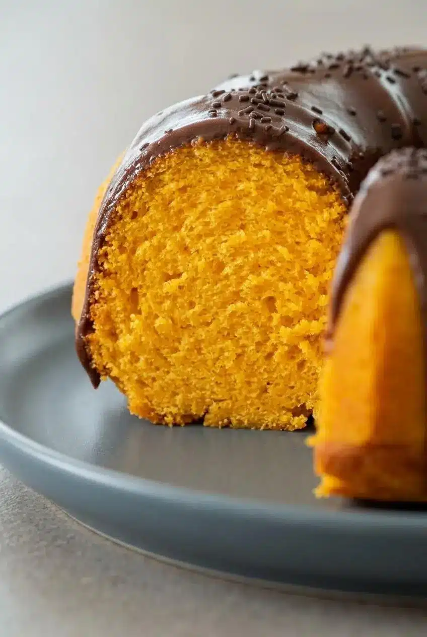 A close-up slice of Brazilian carrot cake showing a fluffy orange crumb and a layer of chocolate glaze on top.