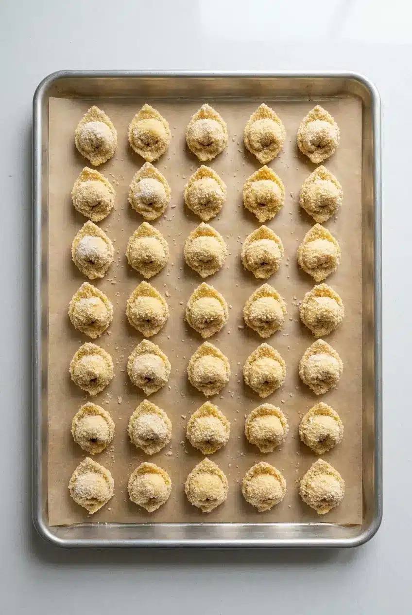 Uncooked breaded cheese tortellini neatly arranged on parchment paper before cooking or chilling.