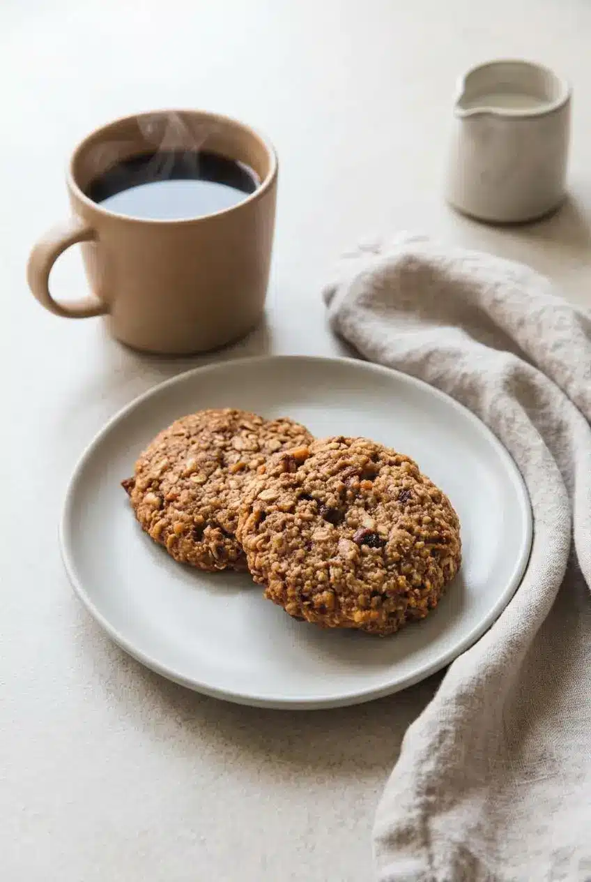 Two chewy oat and prune cookies served on a grey ceramic plate next to a mug of black coffee.
