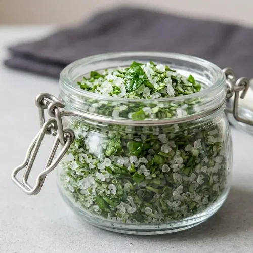 Bright green basil salt recipe with a crisp, dry texture, ready to be sprinkled as a savory finishing seasoning.