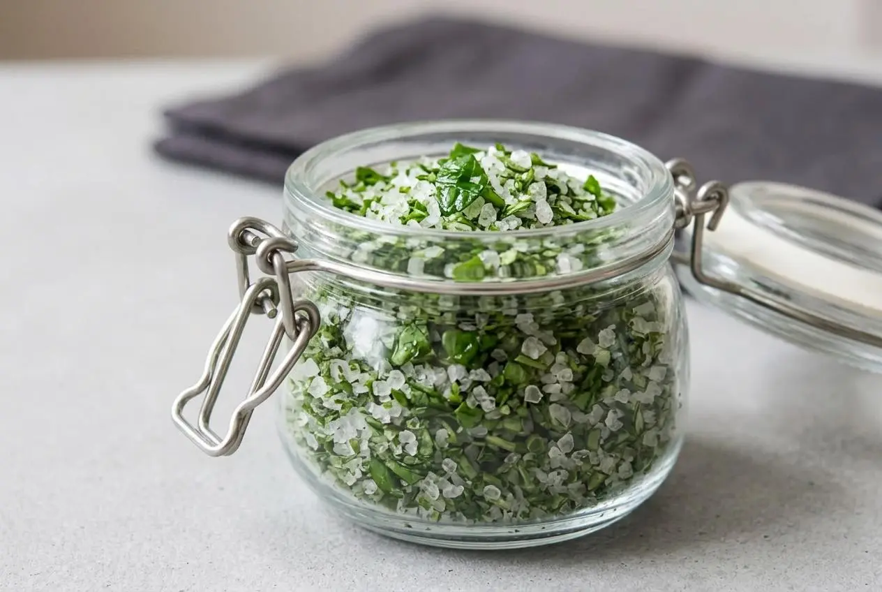 Bright green basil salt recipe with a crisp, dry texture, ready to be sprinkled as a savory finishing seasoning.