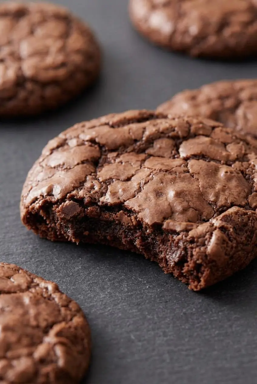 Close up of a broken cookie revealing a dense fudgy center beneath a paper-thin glossy crust.