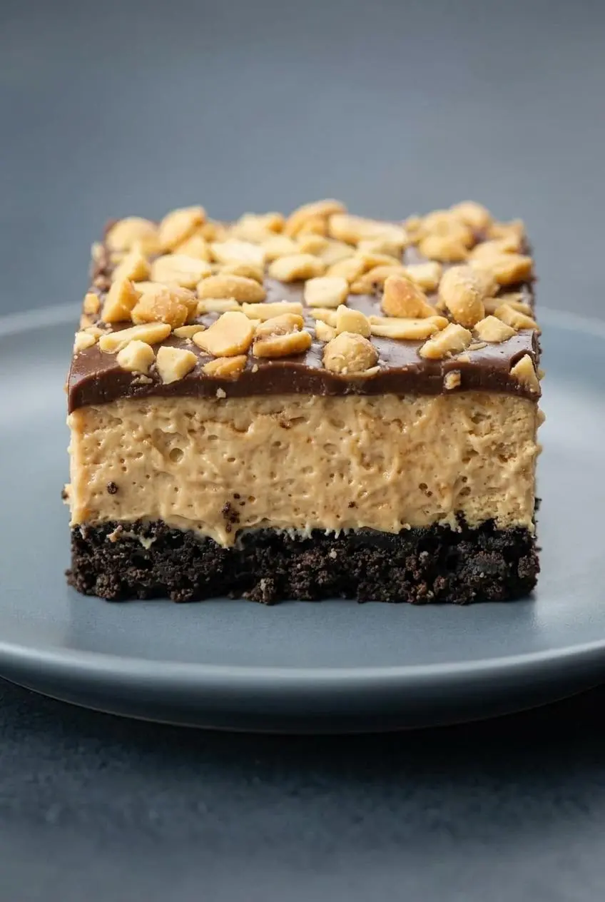 Close-up of a single buckeye cheesecake bar showing the textured Oreo crust, peanut butter layer, and peanut-flecked ganache.