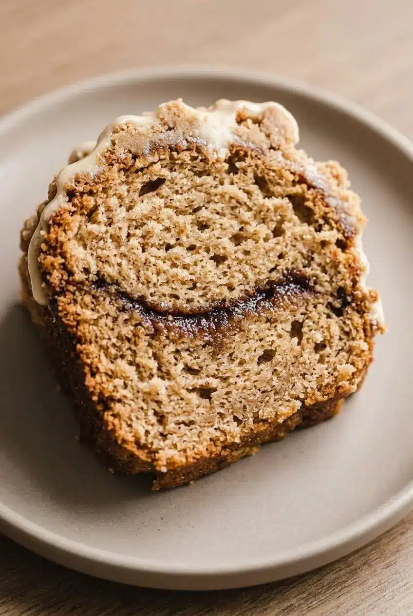 A close-up slice of bundt coffee cake showing a distinct, dark brown cinnamon-sugar ribbon through the center.