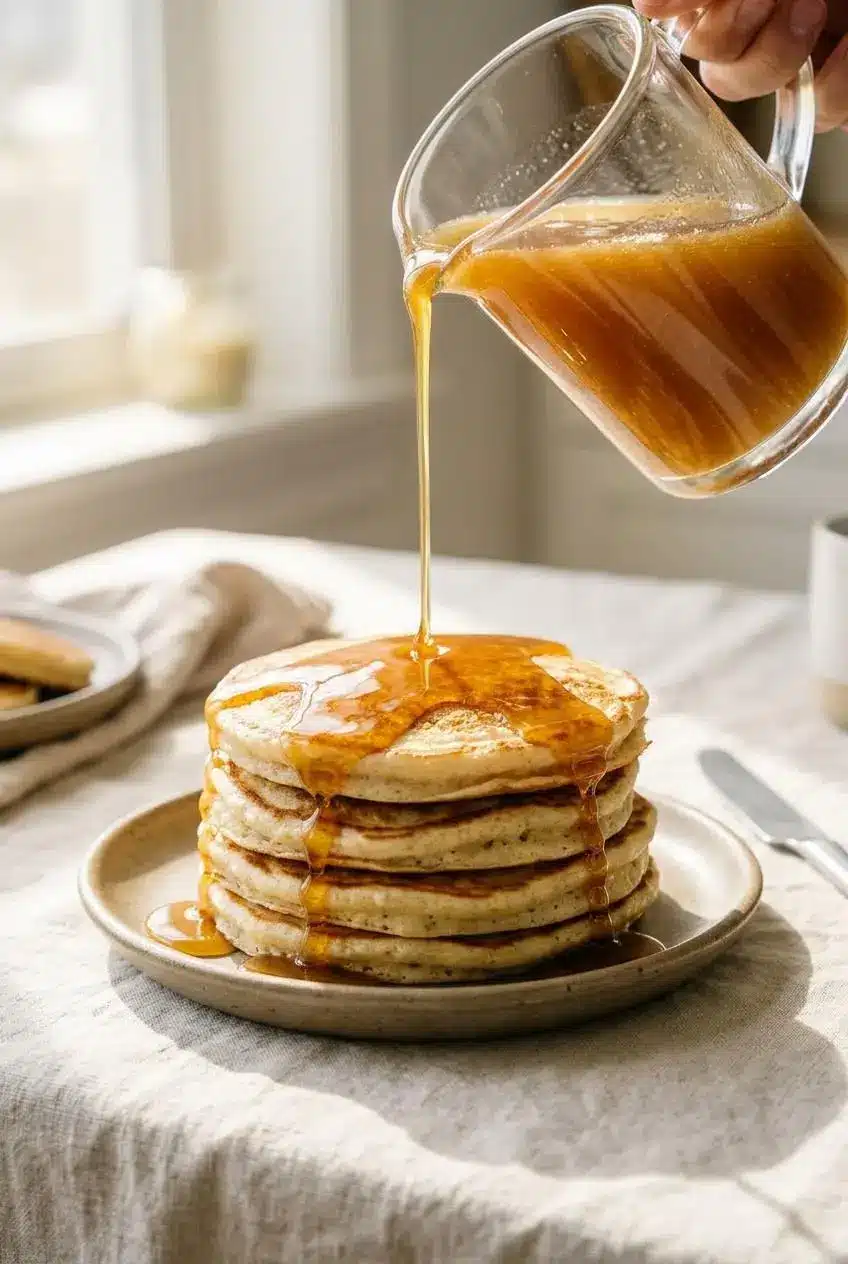 Thick golden buttermilk syrup drizzled over a tall stack of warm, fluffy pancakes on a rustic breakfast table.