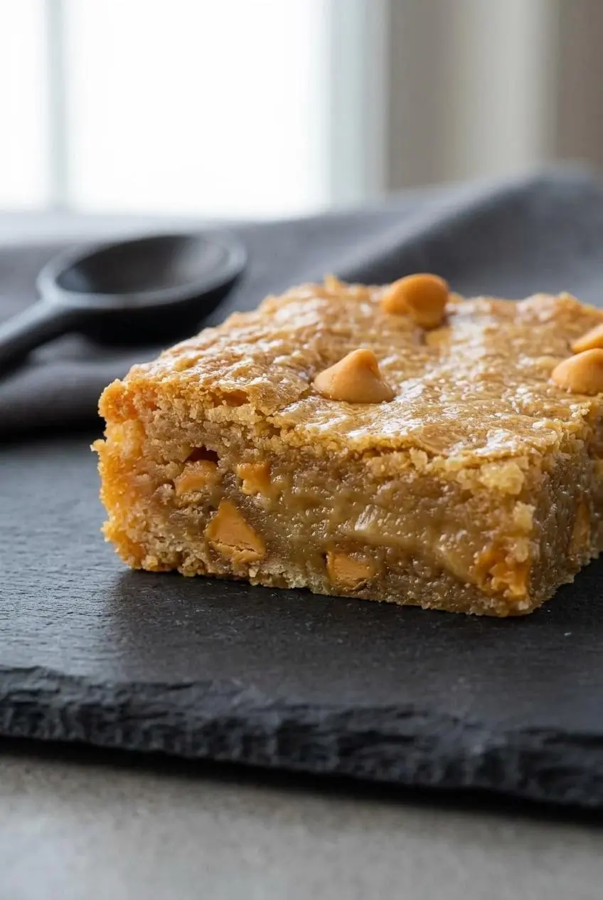 Close up of a sliced butterscotch bar on a dark slab showing the dense chewy crumb and melted chips.