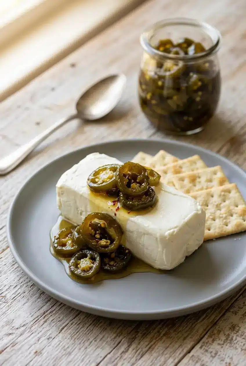 A block of cream cheese on a plate topped with glossy candied jalapeños and syrup, served with sea salt crackers.