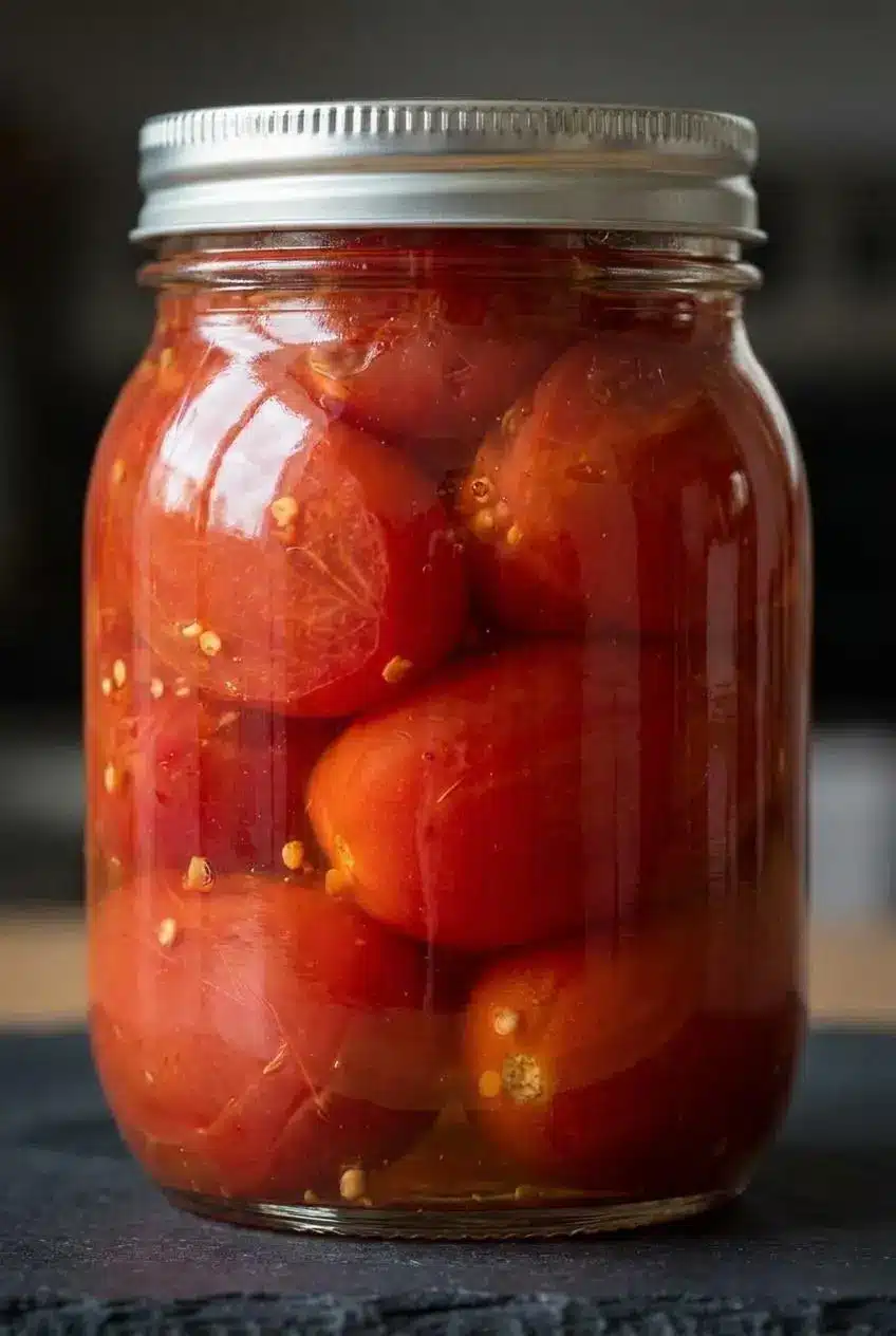 Close-up of rich red whole peeled plum tomatoes packed densely inside a canning jar with clear liquid.