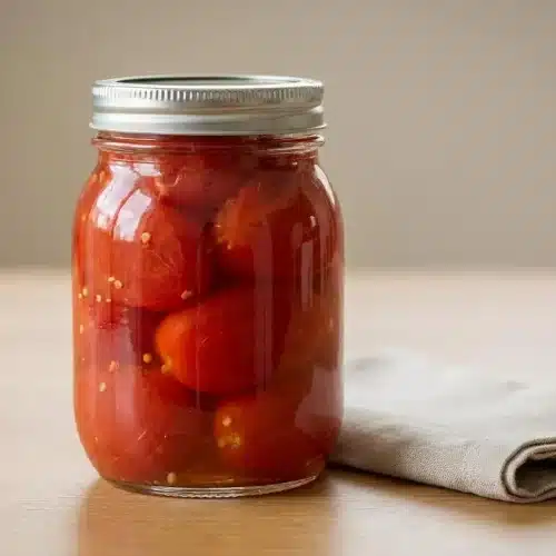 Preserve bright summer flavor with home canned tomatoes packed whole in clear glass mason jars.