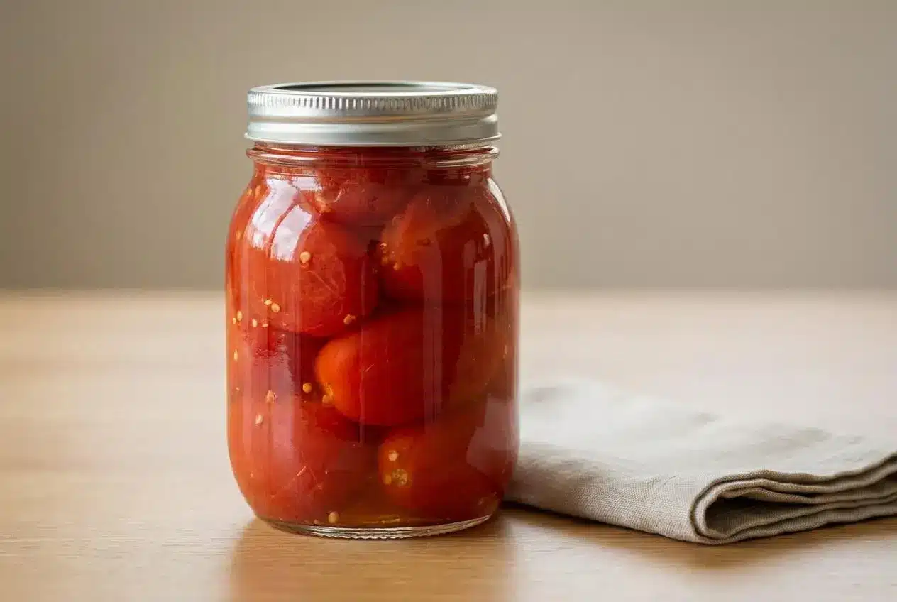 Preserve bright summer flavor with home canned tomatoes packed whole in clear glass mason jars.