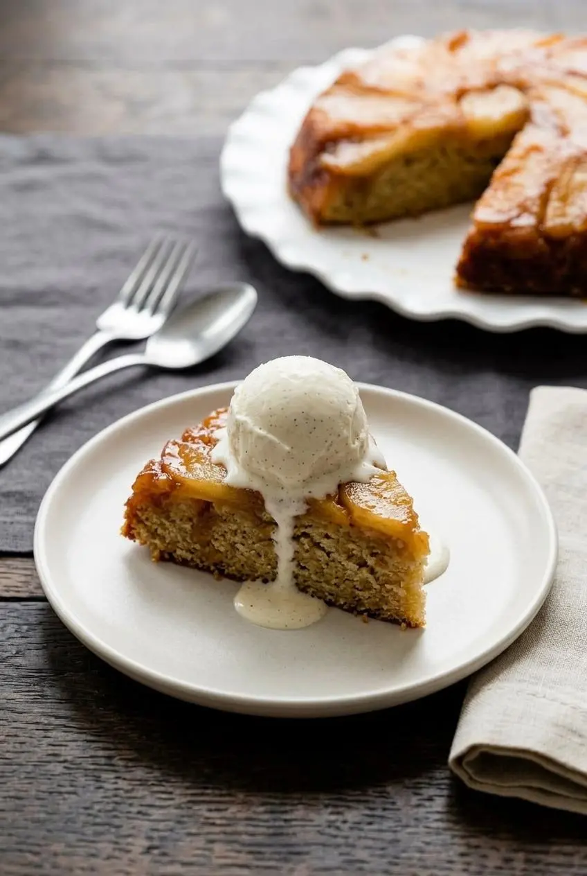 A slice of warm caramel apple cake served on a plate with a melting scoop of vanilla bean ice cream.
