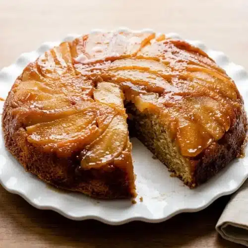 A golden brown Caramel Apple Upside Down Cake with glossy caramelized apples and spiced brown sugar glaze.