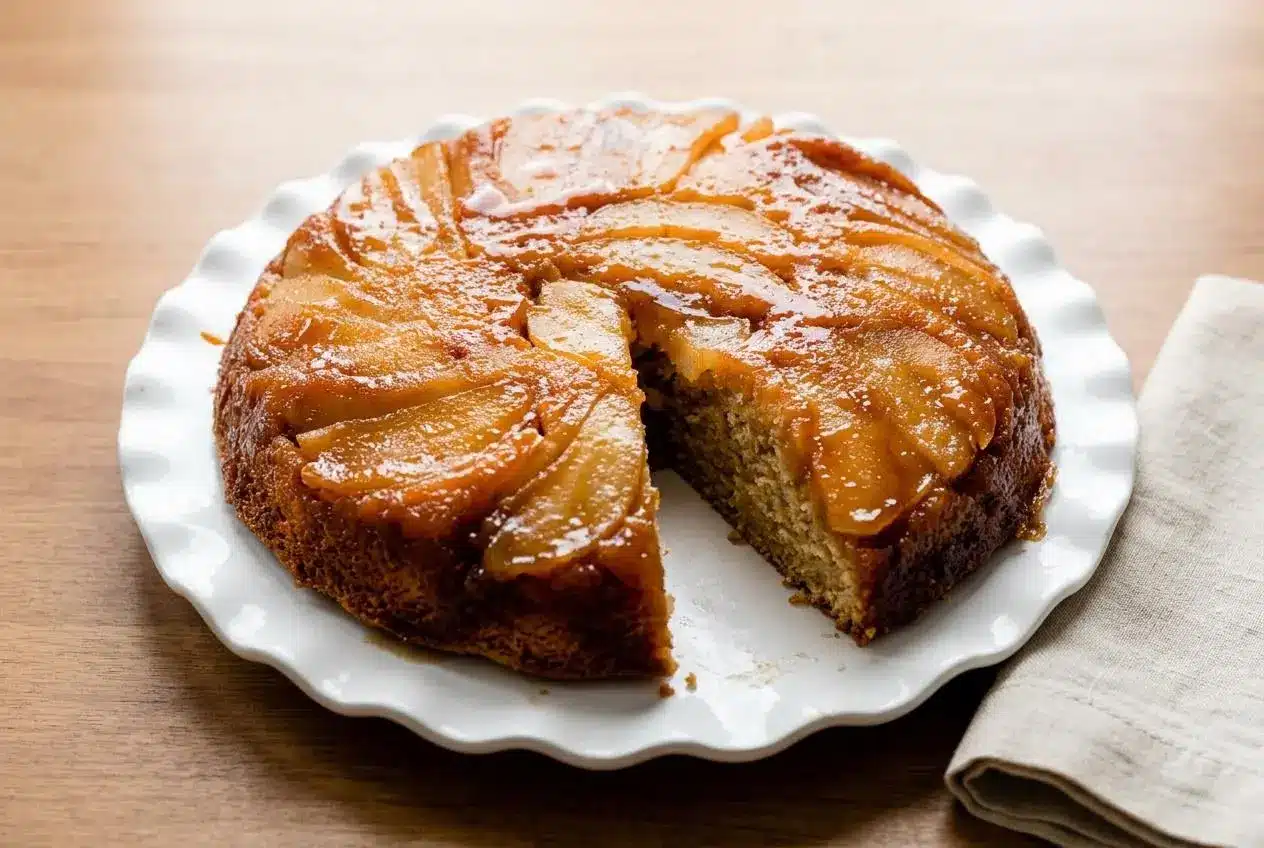 A golden brown Caramel Apple Upside Down Cake with glossy caramelized apples and spiced brown sugar glaze.