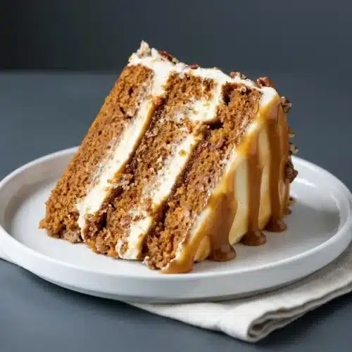 Three-layer caramel carrot cake with cream cheese frosting, caramel drips, and chopped pecans on top.