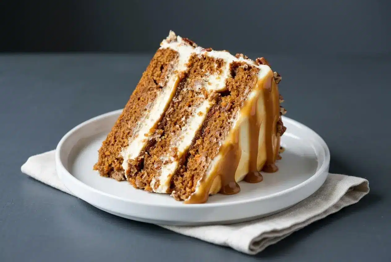 Three-layer caramel carrot cake with cream cheese frosting, caramel drips, and chopped pecans on top.