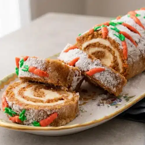 Slices of spiced carrot cake roll showing a tight, velvety cream cheese swirl and orange buttercream carrot decorations.