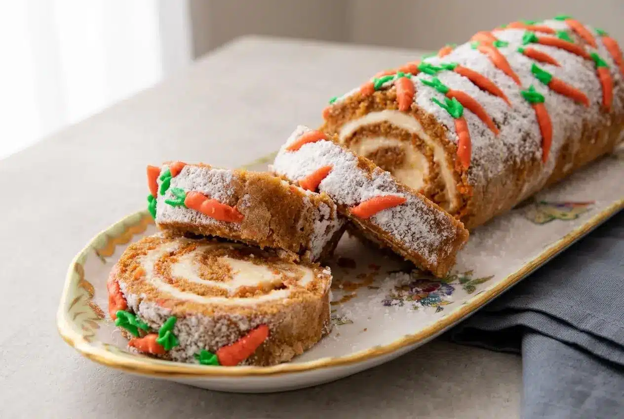Slices of spiced carrot cake roll showing a tight, velvety cream cheese swirl and orange buttercream carrot decorations.