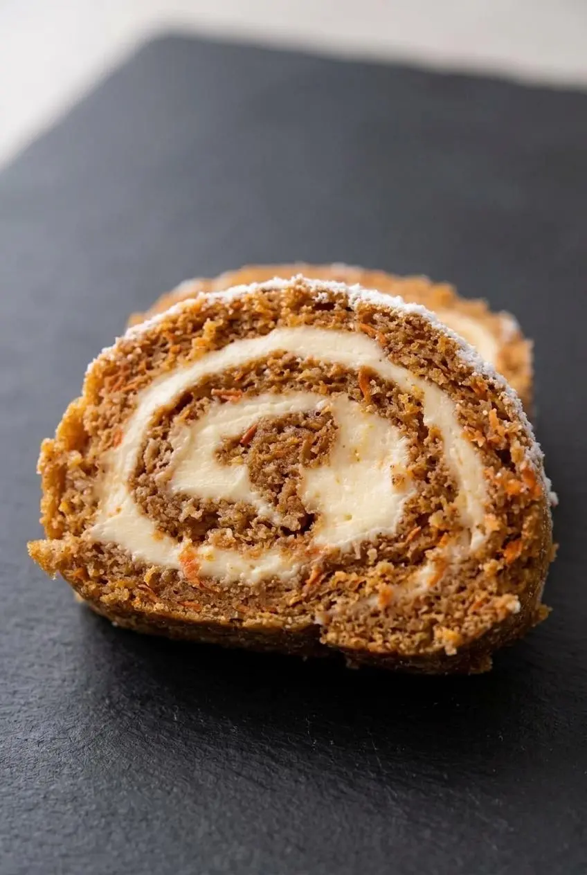 Macro shot of a single carrot cake roll slice showing the moist, porous sponge crumb and smooth filling.