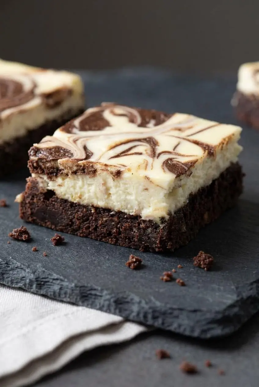 Close-up of the moist, dense chocolate crumb and smooth cream cheese layer of a swirled brownie bar.