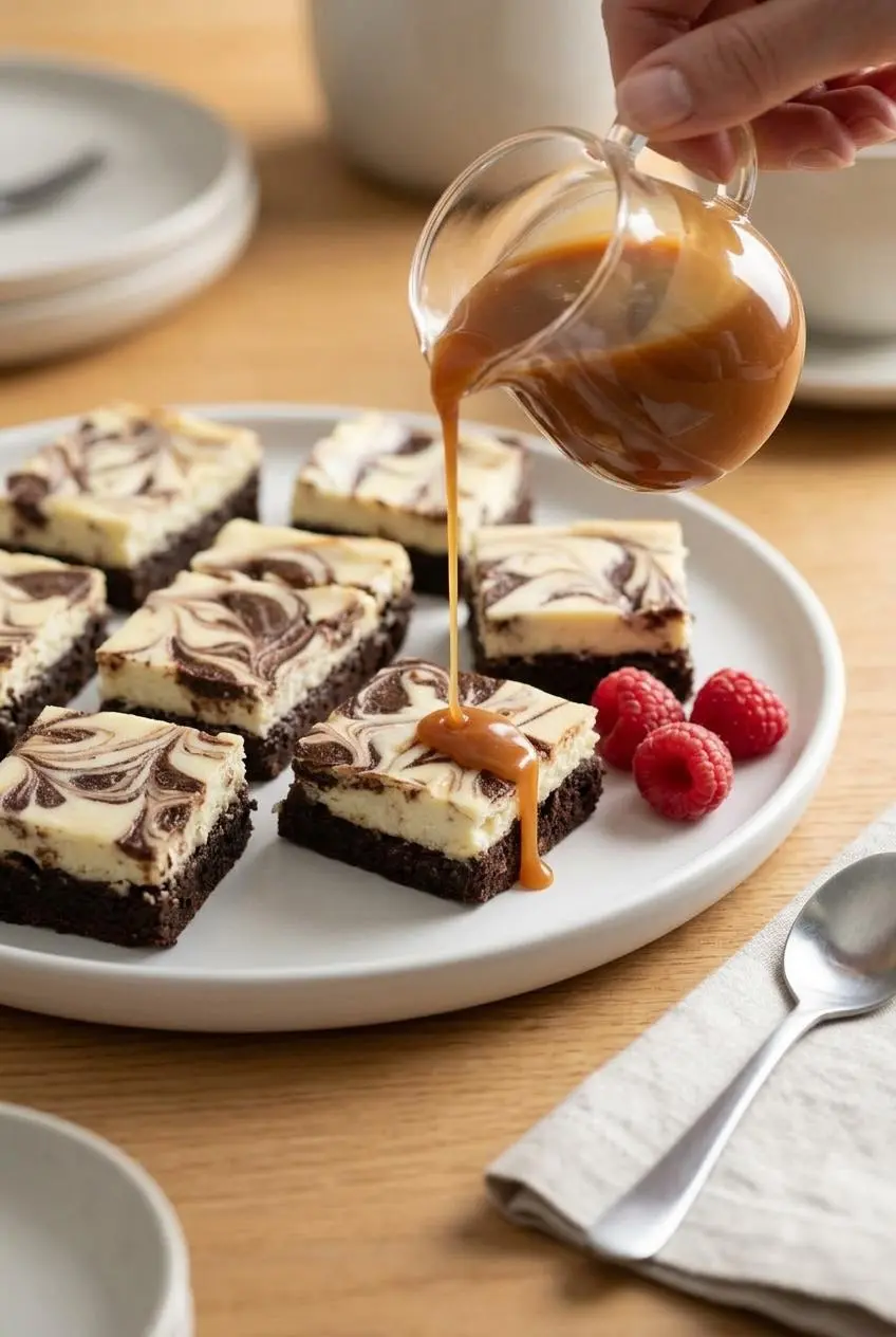 Bite-sized swirled cheesecake brownie squares on a white platter with fresh raspberries and a caramel drizzle.