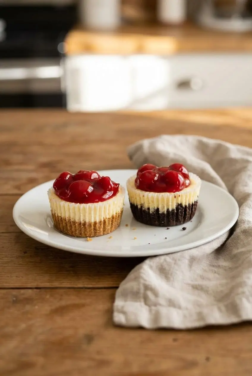 Two cherry cheesecake cupcakes served on a white dessert plate over a warm wooden table.