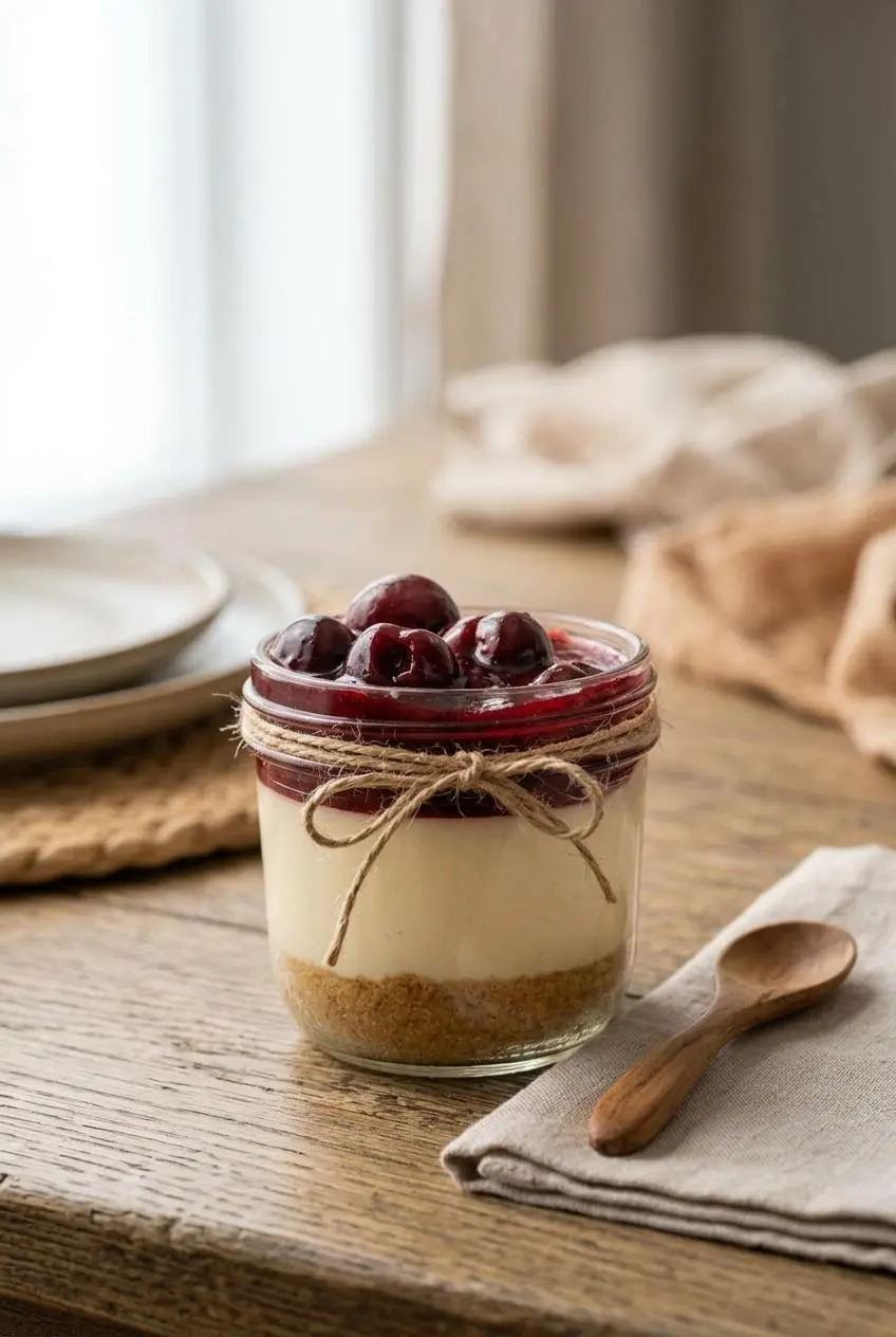 A finished cheesecake jar tied with twine and served with a wooden spoon on a warm wooden table.