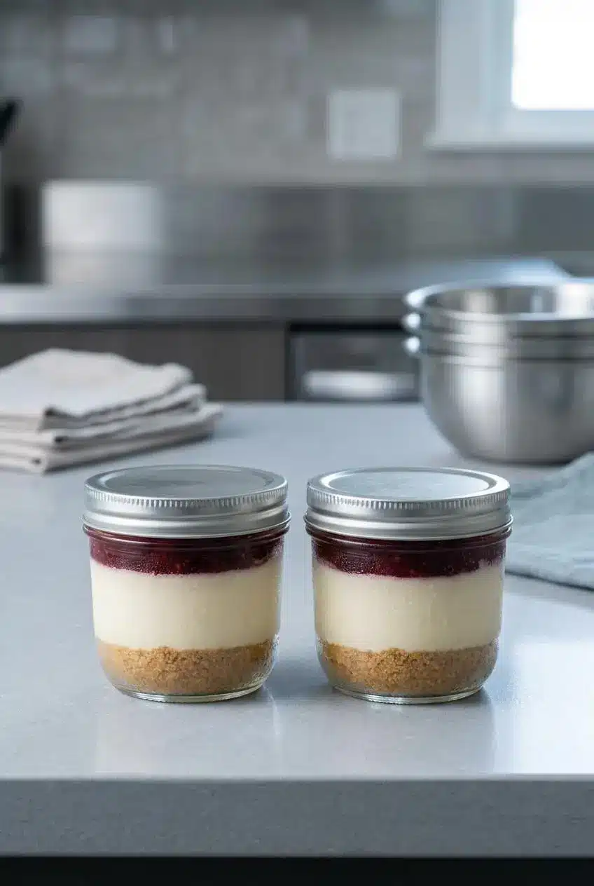 Two sealed dessert jars with metal lids resting on a kitchen counter with condensation on the glass.