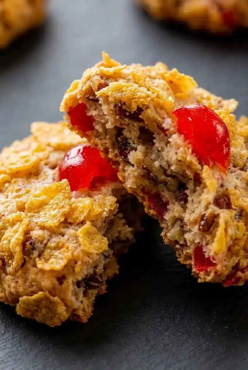 A Cherry Wink cookie broken in half showing dates, pecans, cherries inside, and a crunchy cornflake outer shell.