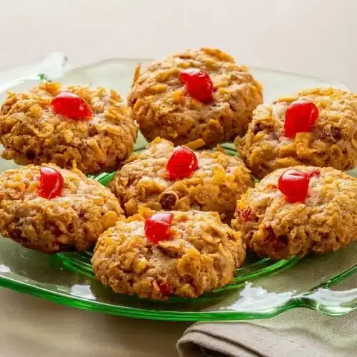 Freshly baked Cherry Winks cookies coated in golden cornflakes and topped with bright maraschino cherry quarters.
