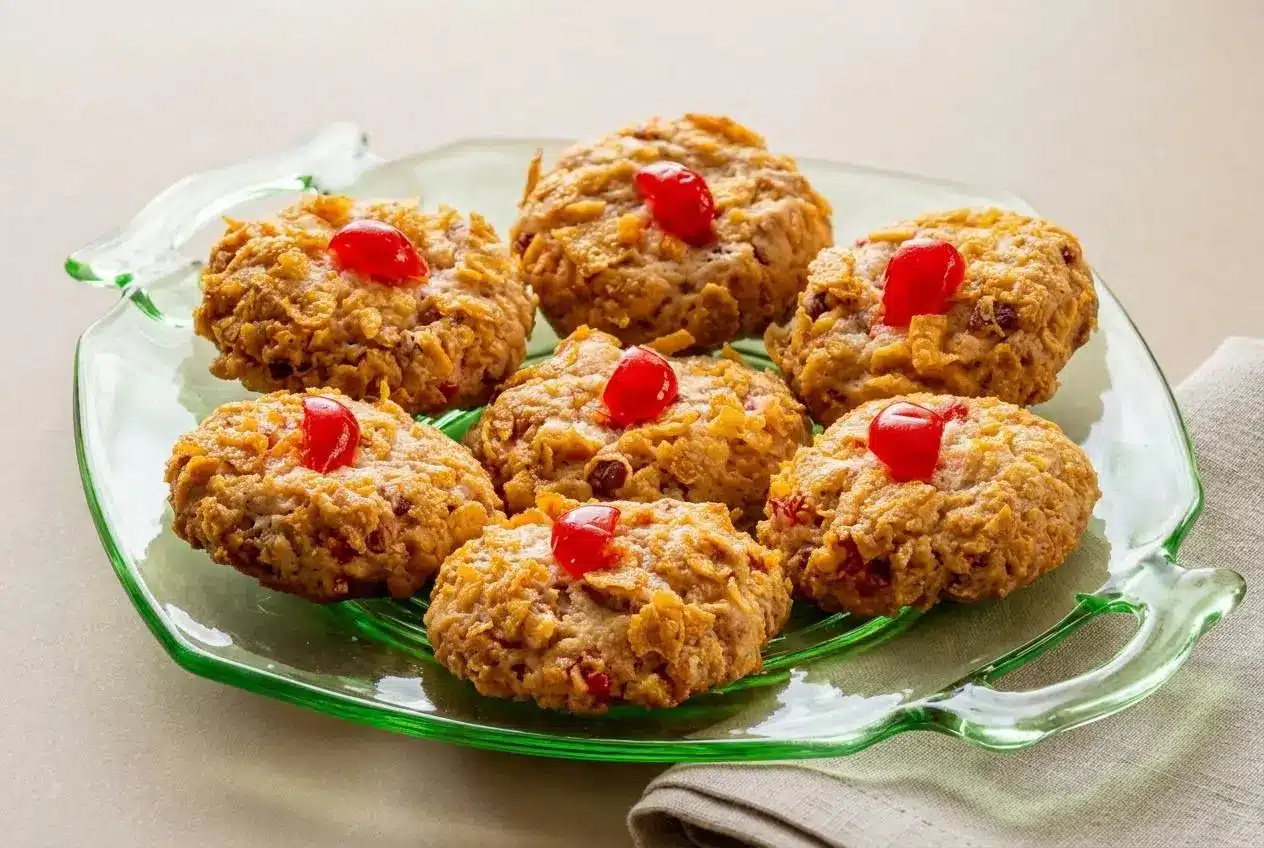 Freshly baked Cherry Winks cookies coated in golden cornflakes and topped with bright maraschino cherry quarters.
