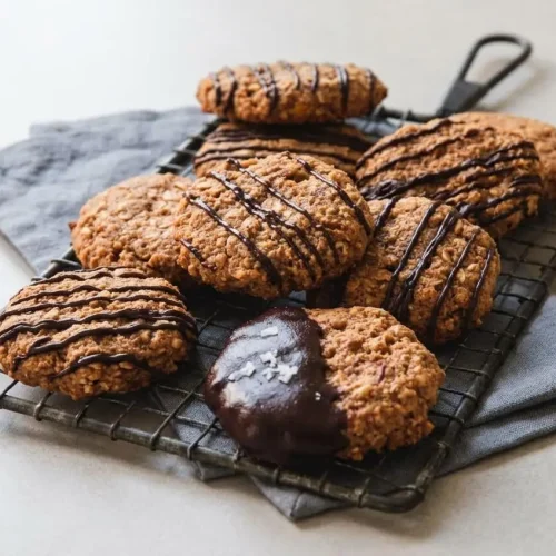 Chewy high fiber breakfast cookies with rolled oats and chopped walnuts on a baking sheet.