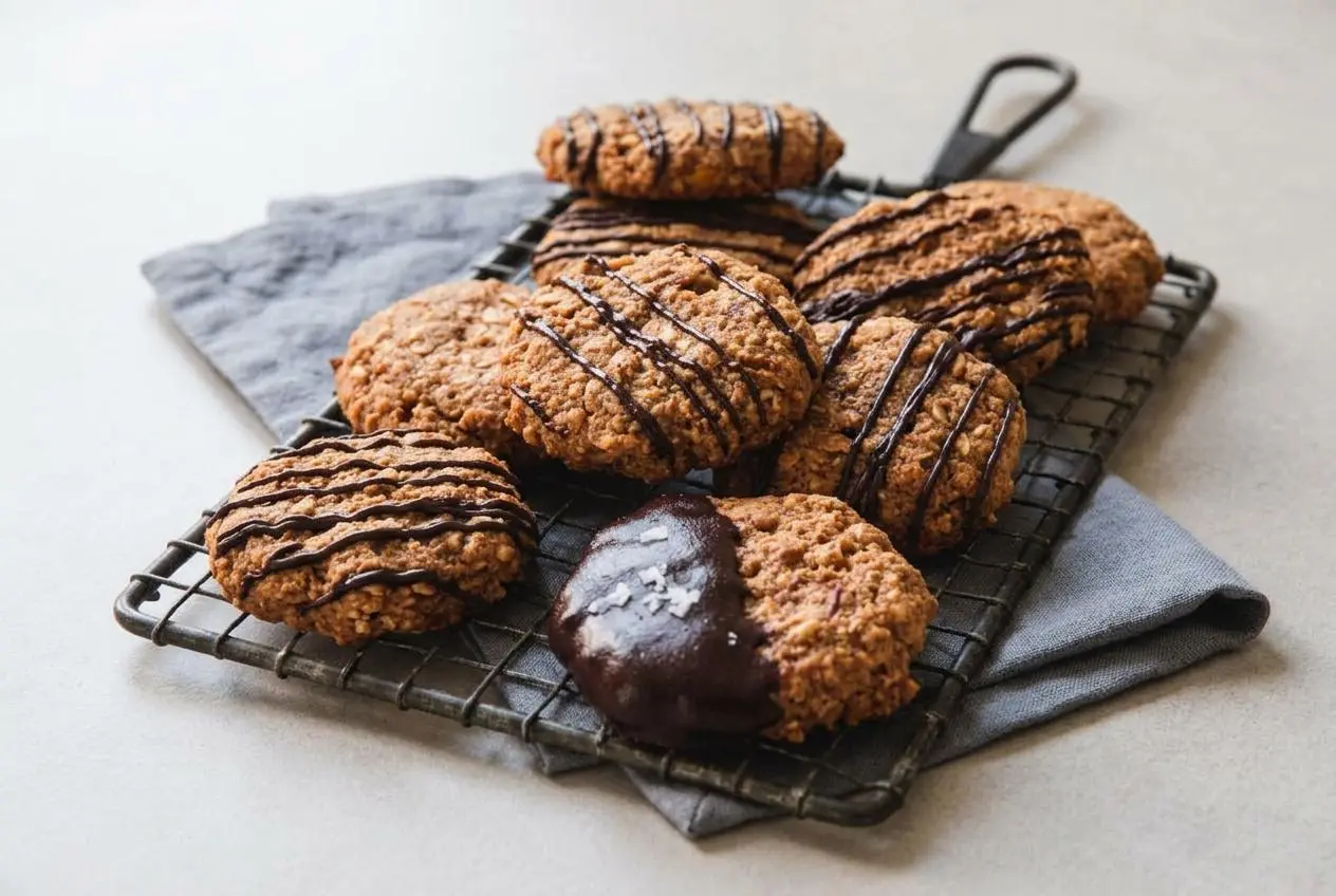 Chewy high fiber breakfast cookies with rolled oats and chopped walnuts on a baking sheet.