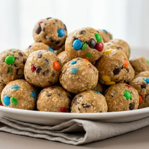 A close-up of a stack of chewy monster energy balls showing texture of oats, peanut butter, and mini chocolate candies.
