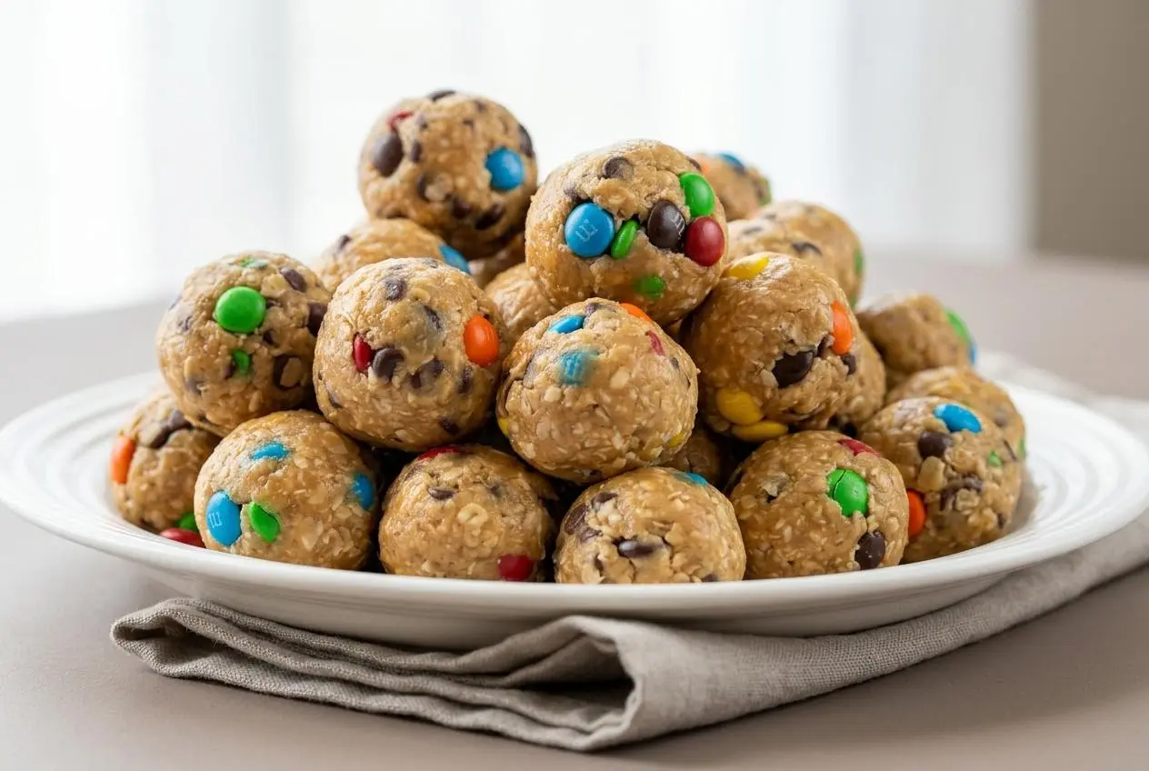 A close-up of a stack of chewy monster energy balls showing texture of oats, peanut butter, and mini chocolate candies.